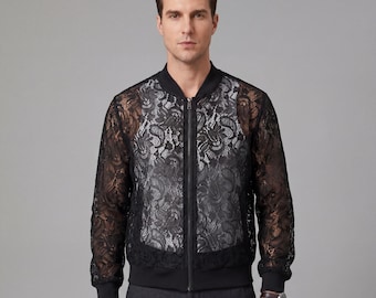 Men's Floral Lace Zip Up Shirt - Sheer Lightweight Bomber Jacket