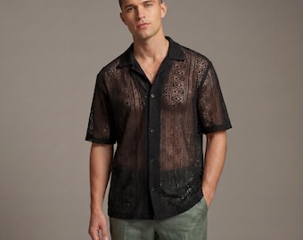 Mens Sheer Mesh Shirt Button Down Shirt - See Through Summer Clubwear Beach Party Top