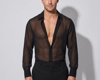 Mens Mesh Shirt Long Sleeve | See Through Sheer Button Down Top | Vintage Style Street Wear Party Club Wear