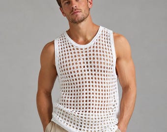 Men's Sleeveless Mesh Tank Top | Knit Summer Vest Beach Wear | Casual Vacation Top | See-Through Shirt