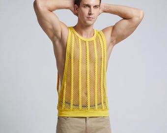 Men Mesh Tank Top Sheer Sleeveless Shirt, Breathable Summer Gym Top, Transparent Streetwear Festival Outfit