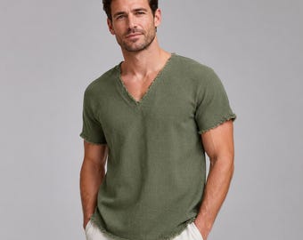 Men's Summer Linen Shirt V-Neck Cotton Blend Short Sleeve | Breathable Beach Casual Shirt