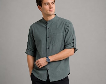 Men's Summer Cotton Shirt | Minimalist Roll Sleeve Button Up Casual Top | Comfy Vacation Outfit
