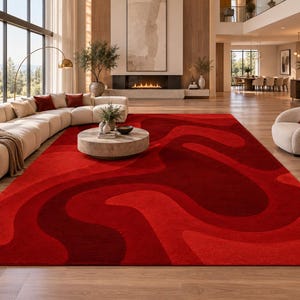 Modern Red Wavy Organic Abstract Area Rug, Large Luxury Fluid Contour Carpet for Living Room, Bold Contemporary Curved Floor Rug