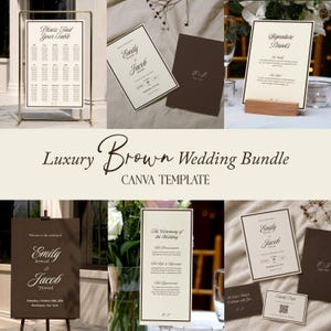 May include: A wedding stationery bundle featuring cream and dark brown paper goods. Items include a large table seating chart on a gold stand, invitation cards with the names Emily and Jacob, a signature drinks menu, and a ceremony program.