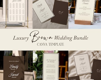 May include: A wedding stationery bundle featuring cream and dark brown paper goods. Items include a large table seating chart on a gold stand, invitation cards with the names Emily and Jacob, a signature drinks menu, and a ceremony program.