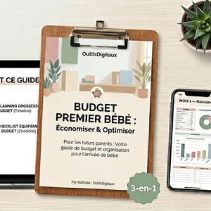 Peut inclure: Un ordinateur portable, un presse-papiers et un smartphone affichent un guide financier pour les nouveaux parents. Le presse-papiers porte le titre "BUDGET PREMIER BÉBÉ" et le texte "Économiser & Optimiser". Une petite plante succulente et un crayon sont également visibles.