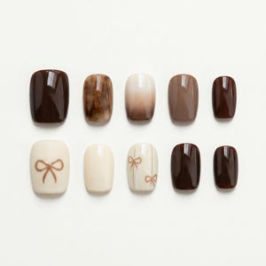 Presse coquette avec noeuds dessinés à la main, décoration d'ongles écaille de tortue, faux ongles automne mignon, colle réutilisable faite main sur mesure