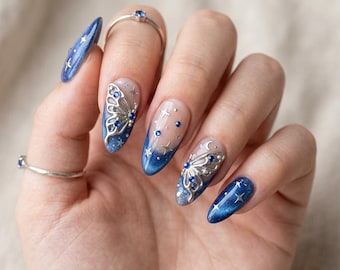 Uñas postizas 3D Fairycore, uñas postizas de mariposa celestial, uñas magnéticas personalizadas de ojo de gato, uñas etéreas de bruja hechas a mano para graduación.