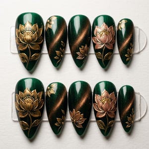 Uñas postizas vintage con estampado floral, ojo de gato esmeralda, loto pintado a mano, diseño personalizado, reutilizables.