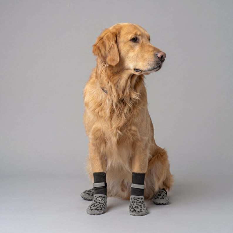 May include: A golden retriever sits, wearing four gray dog boots with a leopard print pattern. Each boot has a black strap with a reflective strip. The dog is on a light gray background.