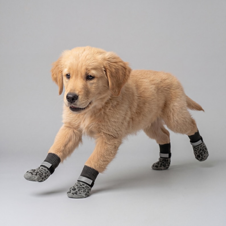 May include: A golden retriever puppy wearing gray and black leopard print dog booties with reflective bands. The puppy is in mid-stride against a light gray background.