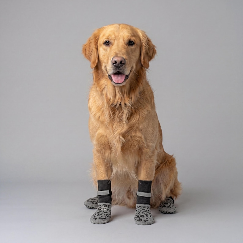 May include: A golden retriever sits facing the camera, wearing four gray and black dog booties. The booties have a leopard print pattern on the foot and a reflective strip around the ankle. The dog has a happy expression with its tongue out.