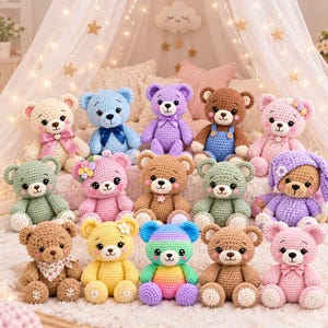 May include: A collection of fourteen crocheted teddy bears in various colours including cream, blue, purple, brown, pink, green, and yellow. Some bears feature accessories like bows, floral accents, overalls, or a patterned neckerchief, all with stitched facial features.