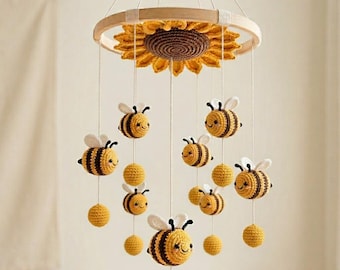 Crochet Baby Mobile Pattern PDF, Honeybee Garden Bumble Bee, Sunflower Daisy Crib Decor