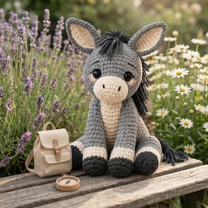 May include: A gray crocheted donkey plush toy with a cream-colored muzzle and inner ears, dark gray hooves, and a black mane. Beside the donkey sits a small beige canvas backpack with a brown leather strap and a round wooden compass.