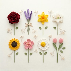 Bundel met 8 haakpatronen voor bloemen in één PDF-bestand: Roos, Tulp, Zonnebloem, Madeliefje, Lelie, Lavendel, Narcis, Kersenbloesem