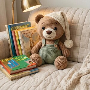 May include: A crocheted teddy bear with brown fur, a cream-colored nightcap with a pom-pom, and sage green overalls with wooden buttons. The bear sits beside a stack of children's books including Goodnight Moon and The Velveteen Rabbit.