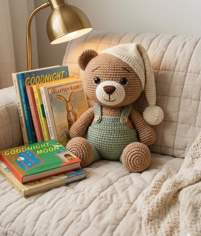 May include: A crocheted teddy bear with brown fur, a cream-colored nightcap with a pom-pom, and sage green overalls with wooden buttons. The bear sits beside a stack of children's books including Goodnight Moon and The Velveteen Rabbit.