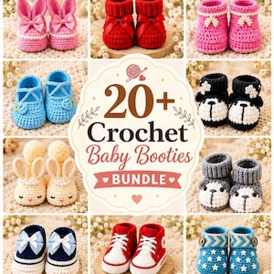 Può includere: Una collezione di scarpine per neonati all'uncinetto con vari design, tra cui orecchie da coniglio rosa, scarpine rosse con fiocchi, scarpine rosa con perle, scarpe blu con cinturini incrociati, facce di animali in bianco e nero e sneaker rosse.