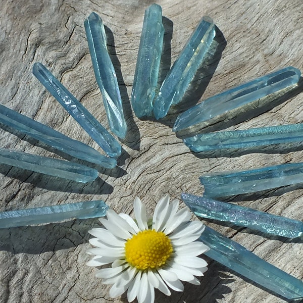 Aqua Aura Quartz Crystal Points x12 Raw Rough Minerals ~ Jewelry Supplies ~ 4.5g / 20-24mm ~ Spiritual Wisdom ~ Throat Chakra ~ (4-5)