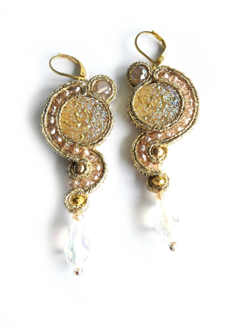 Chic Earrings Beadwork Earrings Gold Earrings Unique Earrings Unusual Gold Yellow Earrings Soutache Earrings Handmade Earrings