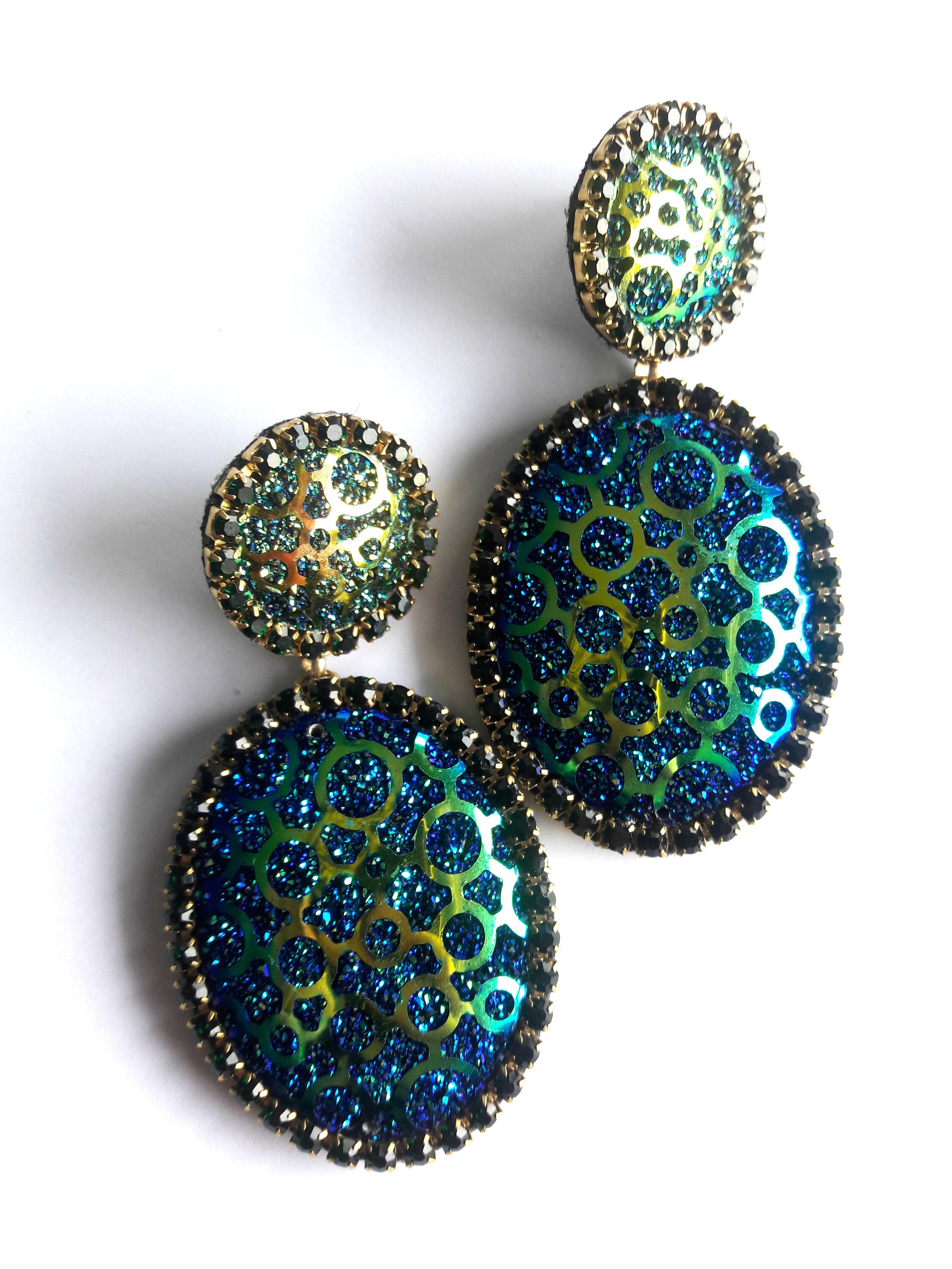 Blue Green Earrings Big Earrings Statement Earrings Color Etsy