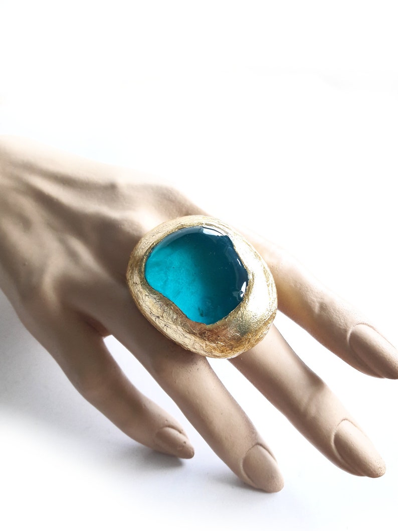 Big Blue Ring, Blue Ring, Blue Gold Ring, Statement Ring, Modern, Contemporary Ring, Modernist Ring, Resin Ring, Big Resin Ring, Unique Ring image 1