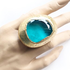 Big Blue Ring, Blue Ring, Blue Gold Ring, Statement Ring, Modern, Contemporary Ring, Modernist Ring, Resin Ring, Big Resin Ring, Unique Ring image 5