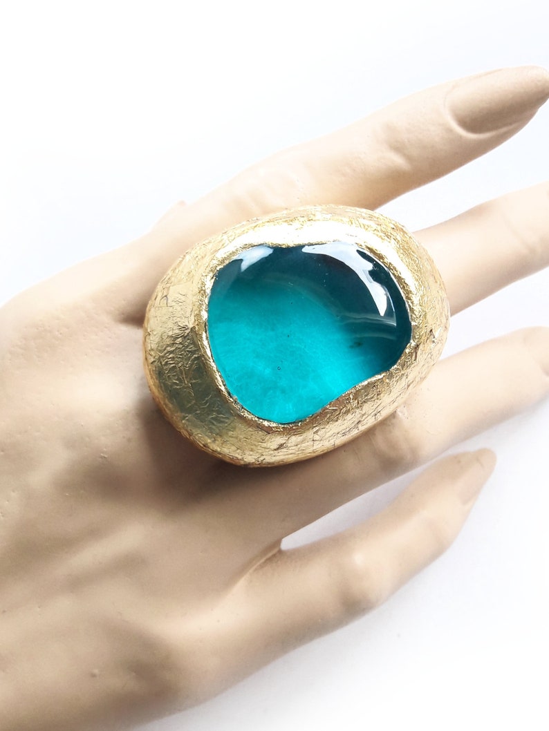 Big Blue Ring, Blue Ring, Blue Gold Ring, Statement Ring, Modern, Contemporary Ring, Modernist Ring, Resin Ring, Big Resin Ring, Unique Ring image 5