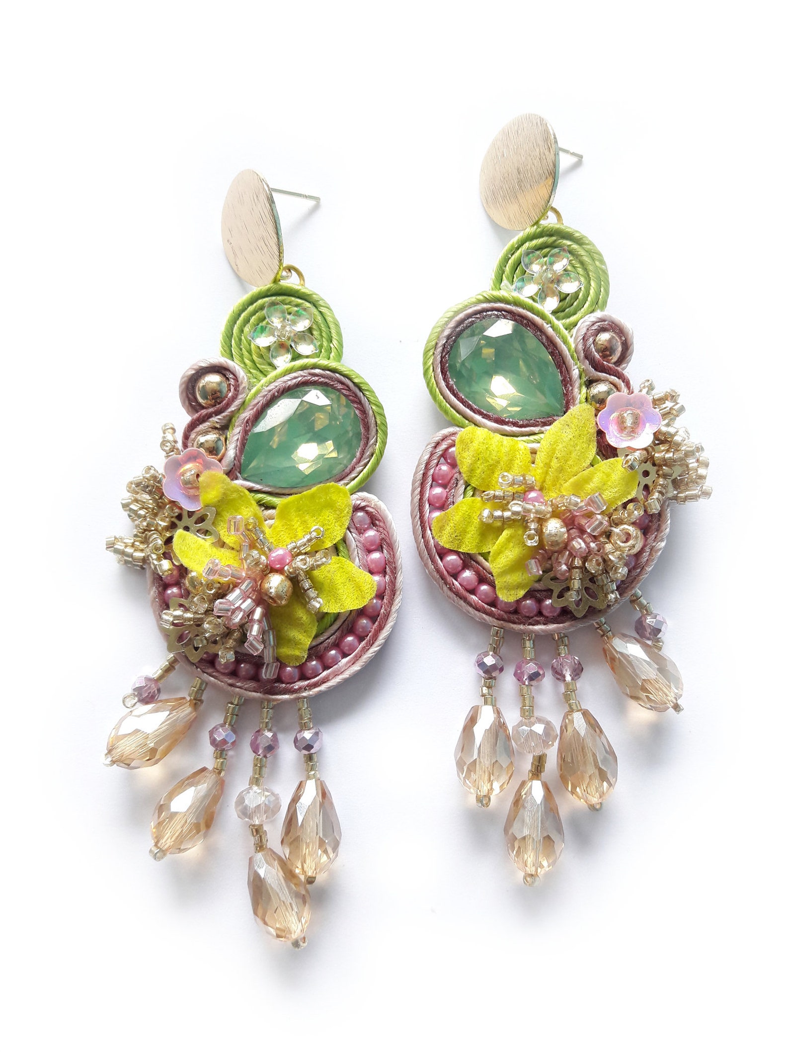 Pink Earrings Pink Green Earrings Statement Earrings Unique Etsy