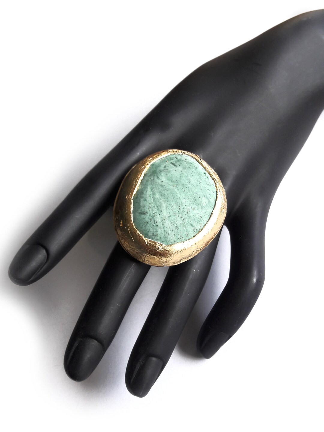 Big Gold Green Ring Statement Ring Large Round Ring Oval Etsy