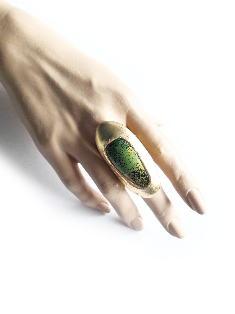 Big Gold Green Ring, Bright Green Ring, Statement Ring, Large Round Ring, Oval Gold Ring, Big, Modernist, Rough Contemporary, Artisan Ring image 6