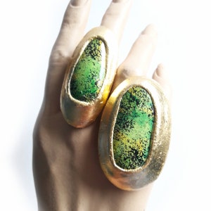 Big Gold Green Ring, Bright Green Ring, Statement Ring, Large Round Ring, Oval Gold Ring, Big, Modernist, Rough Contemporary, Artisan Ring image 1