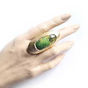 Big Gold Green Ring, Bright Green Ring, Statement Ring, Large Round Ring, Oval Gold Ring, Big, Modernist, Rough Contemporary, Artisan Ring image 10