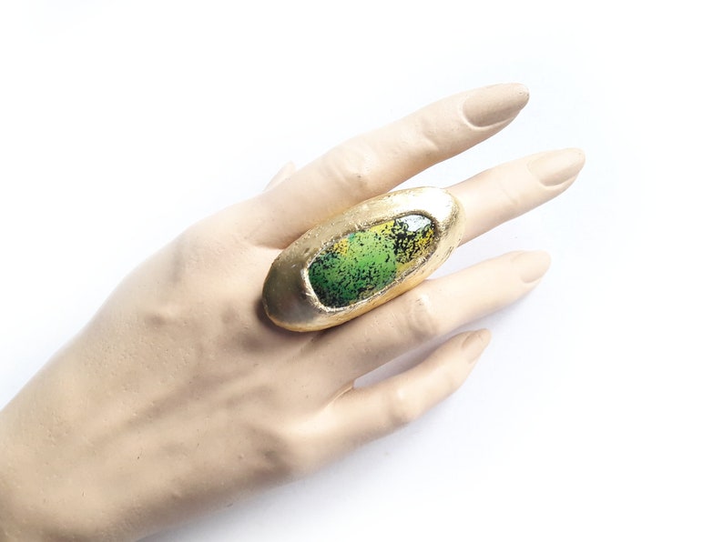 Big Gold Green Ring, Bright Green Ring, Statement Ring, Large Round Ring, Oval Gold Ring, Big, Modernist, Rough Contemporary, Artisan Ring image 10
