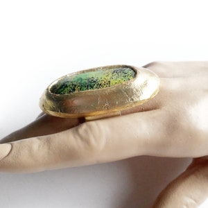 Big Gold Green Ring, Bright Green Ring, Statement Ring, Large Round Ring, Oval Gold Ring, Big, Modernist, Rough Contemporary, Artisan Ring image 7