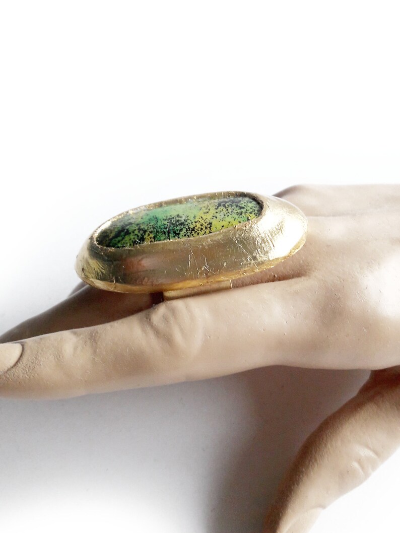 Big Gold Green Ring, Bright Green Ring, Statement Ring, Large Round Ring, Oval Gold Ring, Big, Modernist, Rough Contemporary, Artisan Ring image 7