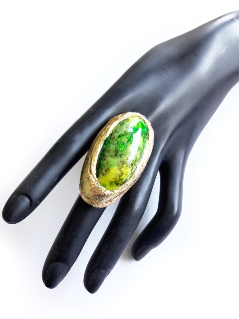 Big Gold Green Ring, Bright Green Ring, Statement Ring, Large Round Ring, Oval Gold Ring, Big, Modernist, Rough Contemporary, Artisan Ring MODEL A