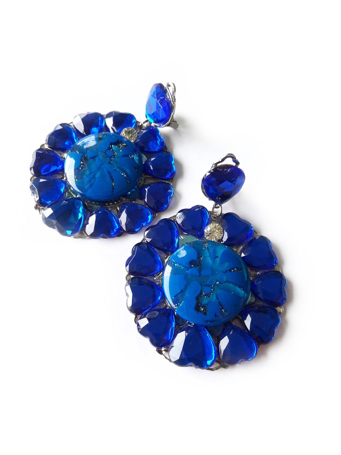 Blue Earrings Statement Earrings Blue Clips Clip Dangle Etsy