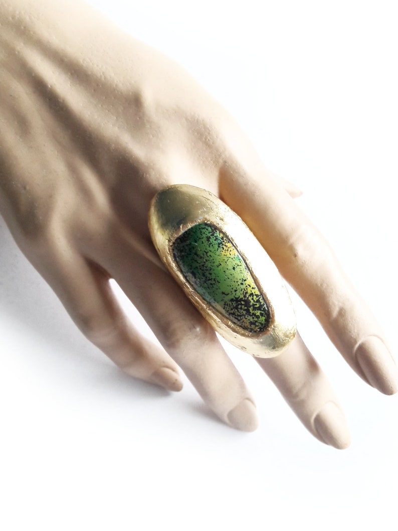 Big Gold Green Ring, Bright Green Ring, Statement Ring, Large Round Ring, Oval Gold Ring, Big, Modernist, Rough Contemporary, Artisan Ring MODEL B