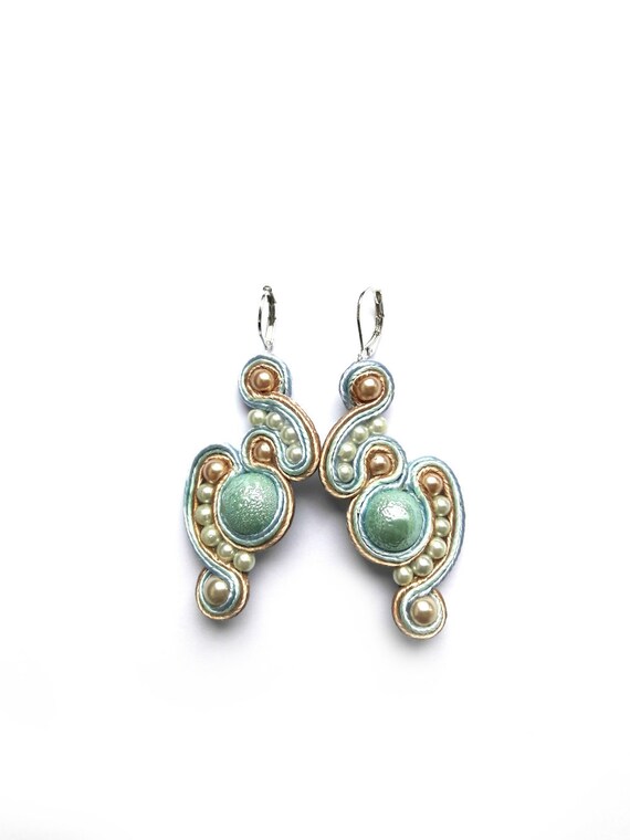 Pink blue earrings Long soutache earrings Beige earrings Christmas earrings Unique gift for her Light blue earrings Light dangling earrings