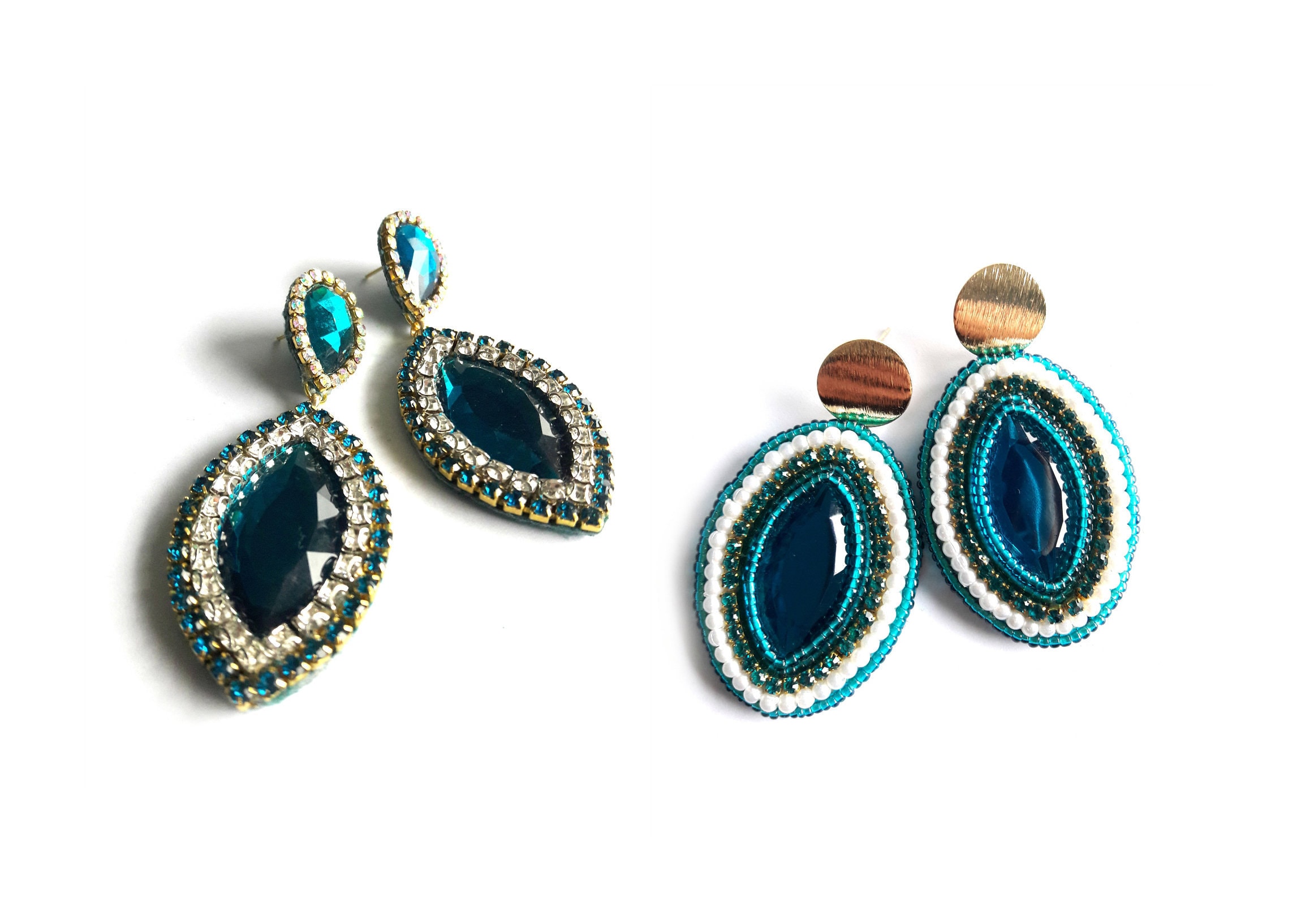 Teal Earrings Chic Earrings Oval Earring Beadwork Earrings Etsy