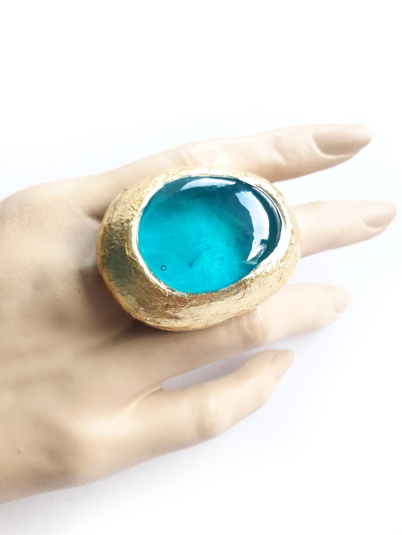 Big Blue Ring, Blue Ring, Blue Gold Ring, Statement Ring, Modern, Contemporary Ring, Modernist Ring, Resin Ring, Big Resin Ring, Unique Ring image 6