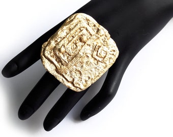 Large Gold Ring Statement, Square Gold Ring, Big Ring, Pattern, Brutalist, Rough Contemporary, Artisan Ring, Huge Ring, Fashion, Jewelry,