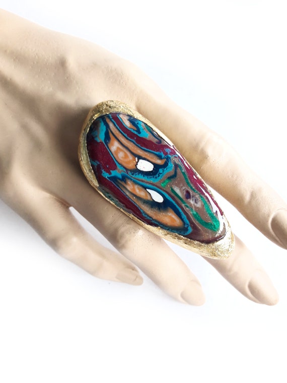 Grande bague coloree bague longue bague bleu rouge bague tendance grosse bague bague moderniste rugueux contemporain bague artisanale enorme bague mode Etsy France