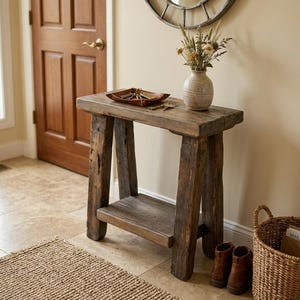 Mesa de entrada baixa em madeira reciclada - Mesa de sofá estreita estilo fazenda para hall de entrada - Mesa de sofá estreita - Buffet em madeira reciclada