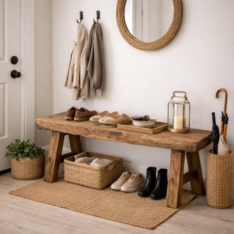 Vintage Style Bench made from Solid Wood, Rustic Bench, Entryway Bench, Farmhouse Bench, Hallway Bench, Handmade, End of Bed Wood Bench Entryway, Farmhouse Entryway Bench, Handmade Wooden Accent Bench, Modern Foyer Bench, Farmhouse Home Decor, Reclaimed Oak Entryway Bench, Solid Barn Beam Bench for Hallway & Mudroom, Rustic Entryway Bench, Modern Entryway Bench, Bench Storage, Shoe Organizer, Entryway Bench, Shoe Bench Wood, Unique Rustic/Reclaimed Wood, Custom Farmhouse Hallway Sofa Entrway