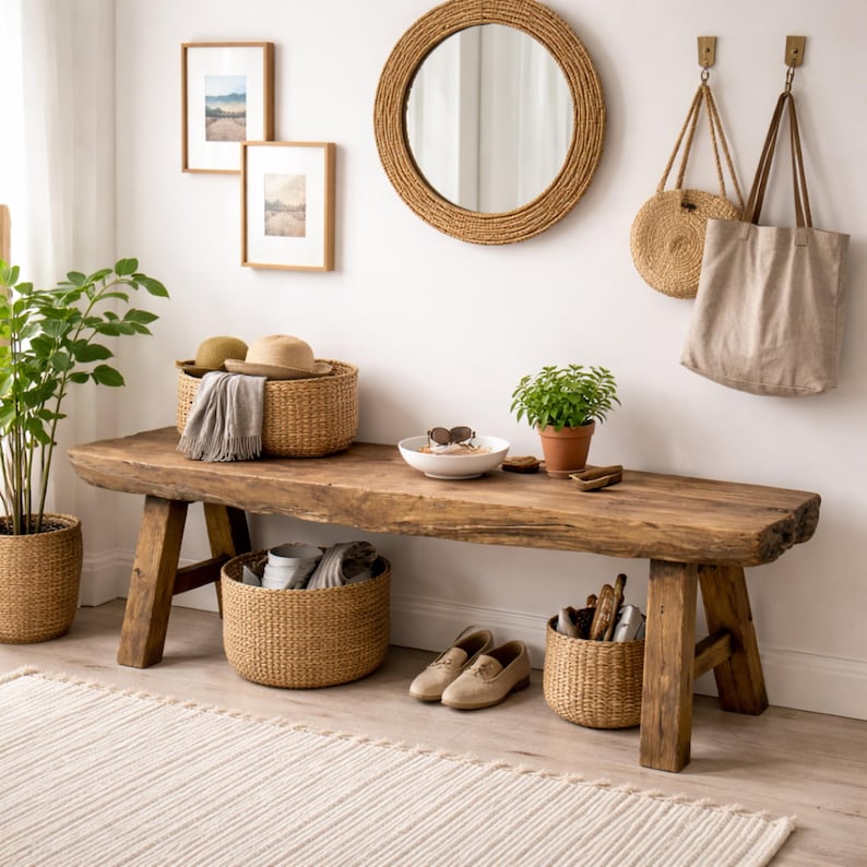 Vintage Style Bench made from Solid Wood, Rustic Bench, Entryway Bench, Farmhouse Bench, Hallway Bench, Handmade, End of Bed Wood Bench Entryway, Farmhouse Entryway Bench, Handmade Wooden Accent Bench, Modern Foyer Bench, Farmhouse Home Decor, Reclaimed Oak Entryway Bench, Solid Barn Beam Bench for Hallway & Mudroom, Rustic Entryway Bench, Modern Entryway Bench, Bench Storage, Shoe Organizer, Entryway Bench, Shoe Bench Wood, Unique Rustic/Reclaimed Wood, Custom Farmhouse Hallway Sofa Entrway