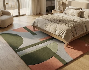 モダンな幾何学模様のラグ、グレー、マルチカラー、手織りウールラグ、抽象的なミニマリストデザイン、広いリビングルームエリア